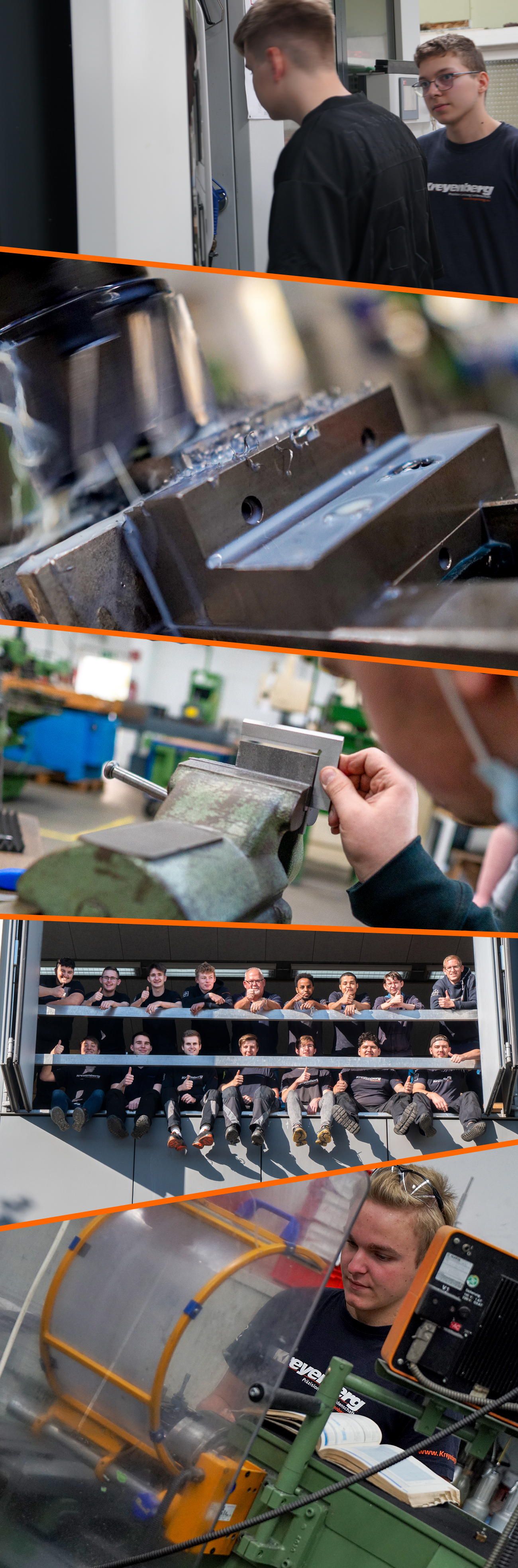 Banner Ausbildung 2 Mitarbeiter prüfen ein Werkstück in der CNC-Fertigung.